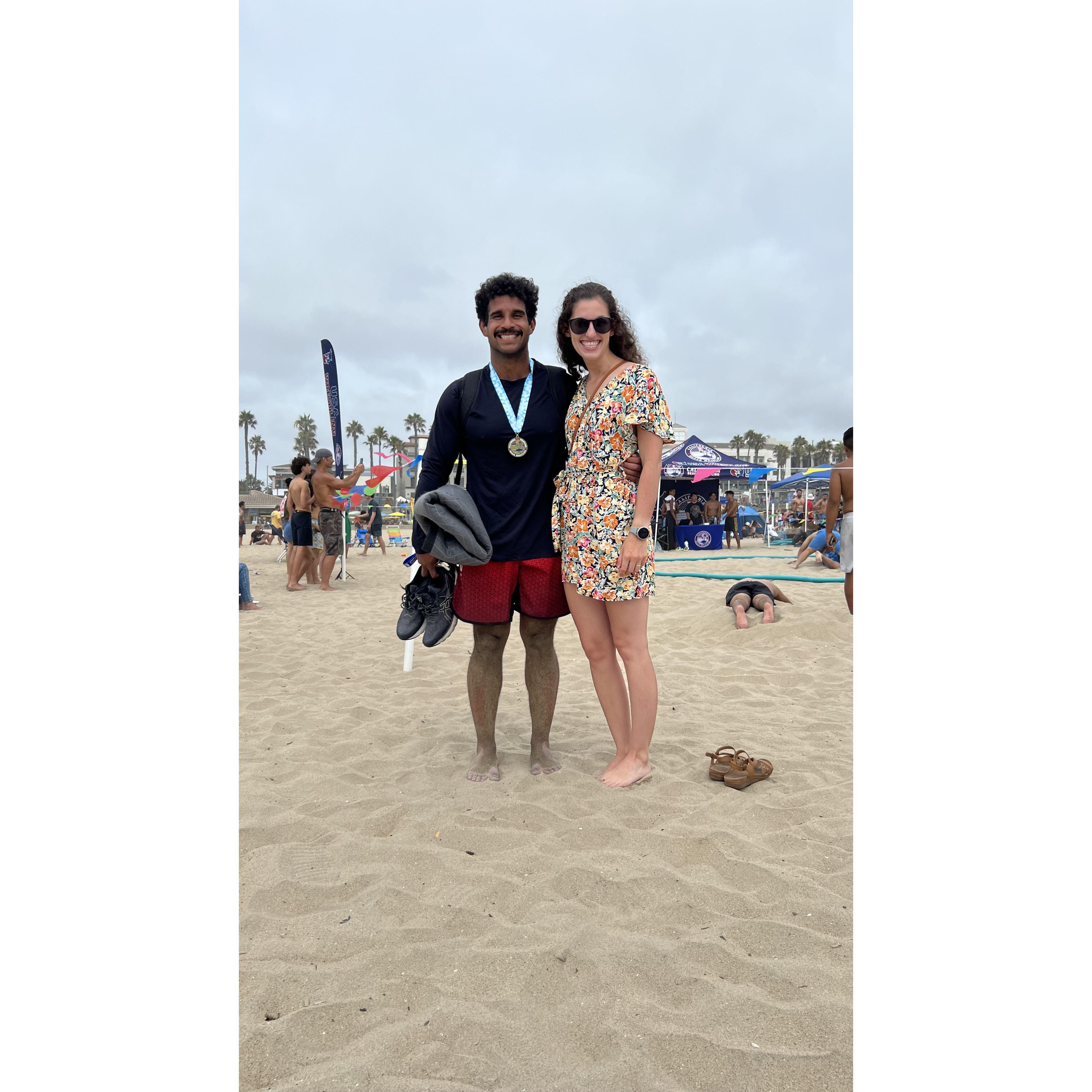 Claire's first time seeing Orlando wrestle at a Beach Wrestling Tournament - he won!