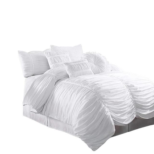Chezmoi Collection 7-Piece Chic Ruched Comforter Set (with Throw Pillows) (King, White)