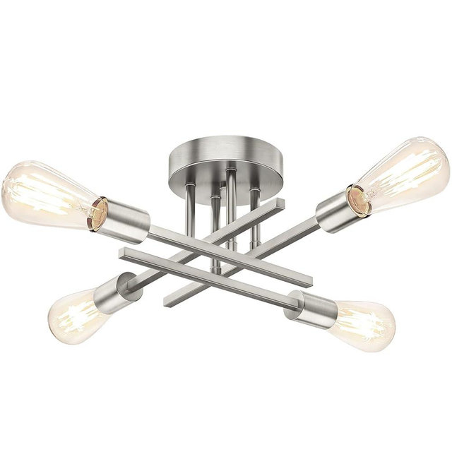 Brushed Nickle Semi Flush Mount Ceiling Lights, 4-Light Modern Industrial Sputnik Chandelier Light Fixture, Silver Flush Mount Light for Kitchen Bedroom Living Room Dining Room Closet, E26 Bulb Socket