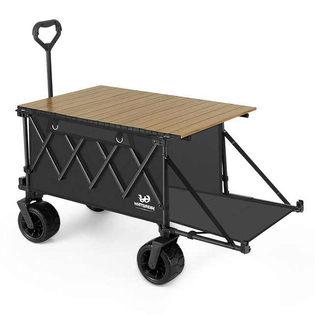 Collapsible Folding Wagon Heavy Duty Utility Beach Wagons with Opened Tailgate and All-Terrain Wheels for Camping, Garden, Sports (Black)