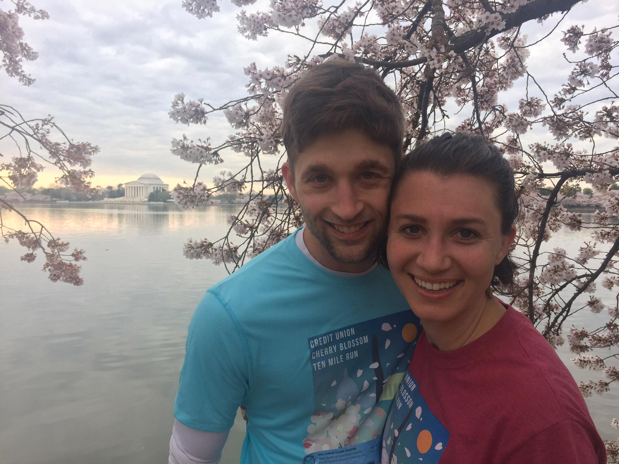 Quick break to grab a beautiful memory during the DC cherry blossom 10miler. The smile is not congruent with how our bodies were feeling at mile 6!
