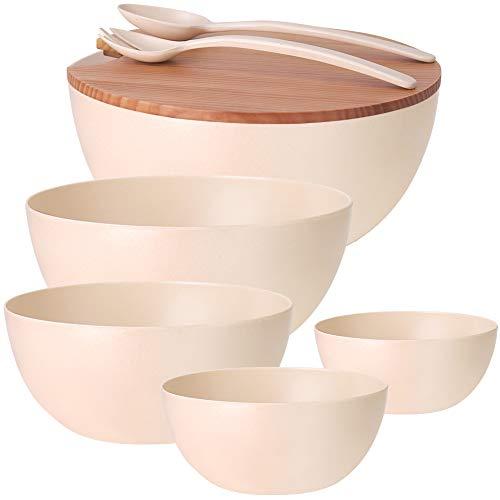 8PCS Large Salad Bowl Set（6 Quart）with Lid and Servers, Extra Large Serving Bowl Set, Mixing Bowl Set with Wooden Cutting Board - Bamboo Fiber Material Perfect for Salad Fruit Pasta, Beige