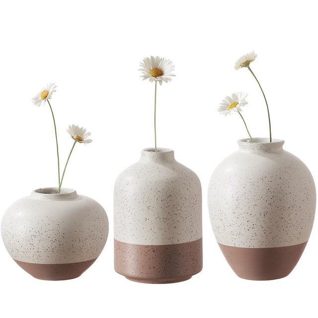 Ceramic Vase Set of 3, Vases Home Decor Rustic Farmhouse Decor, Small Pottery Vases for Bouquet Pampas Grass Dried Fresh Flowers, Living Room, Kitchen, Bedroom, Bathroom, Mantel Decor - Beige&Brown