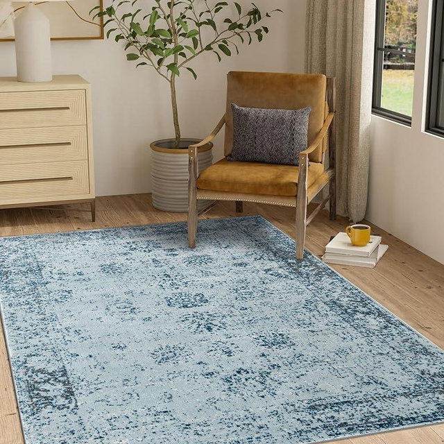 Unique Loom Sofia Collection Area Rug & Pad - Casino Bundle (5' 3" x 8' Rectangle Light Blue/Ivory)
