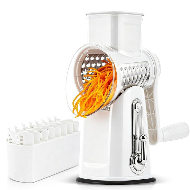 SUSTEAS Rotary Cheese Grater with Handle - Vegetable Shredder with 5 Well-designed Blades & Strong Suction Base,Round Mandoline Slicer & Food Chopper for Kitchen,with Blade Storage Box(White)