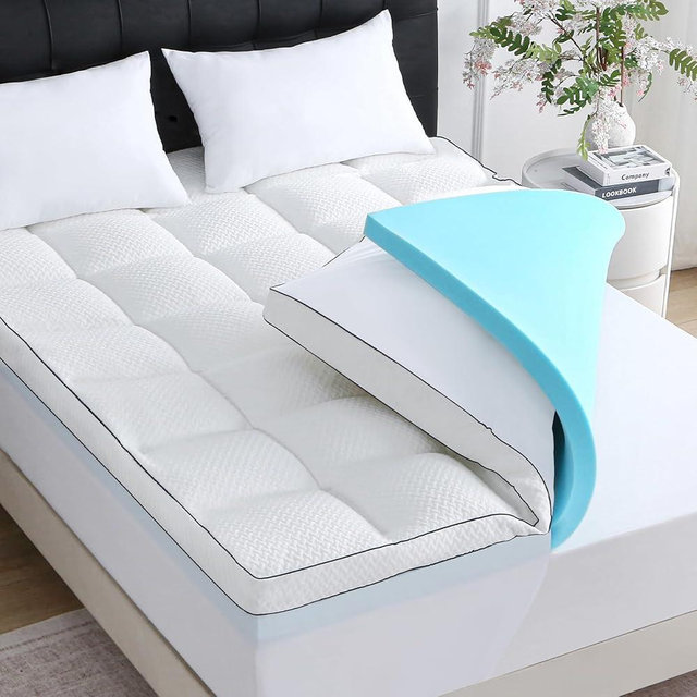 Dual Layer 5 Inch King Size Memory Foam Mattress Topper, 3 Inch Quilted Top Mattress Pad Cover and 2 Inch Cooling Gel Foam, Medium Firm for Back Support Pain Relief