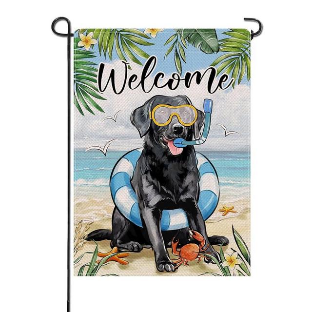 Artofy Welcome Spring Summer Black Labrador Dog Small Decorative Garden Flag, Pet Beach Coastal Yard Lawn Outside Decor Dog Lover Gifts, Swim Ring Nautical Outdoor Home Decoration Double Sided 12 x 18