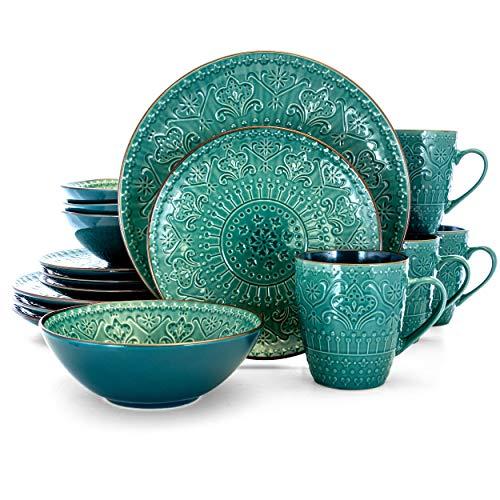 Elama Sea Foam Mozaic Round Stoneware Embossed Dinnerware Dish Set, 16 Piece, Ocean Teal and Green