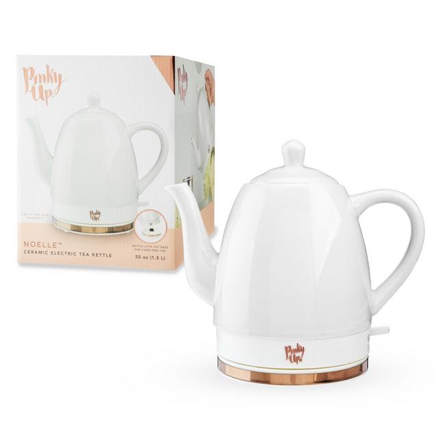Pinky Up Noelle 1.5 L Ceramic Electric Tea Kettle, Grey, Rose Gold, Gooseneck Spout, Cordless Design