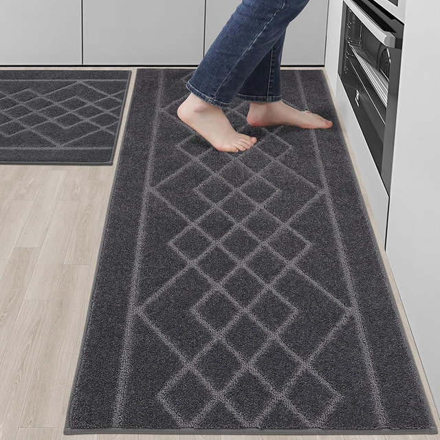 BEQHAUSE Kitchen Rugs Sets of 2 Washable Soft Kitchen Mats for Floor Non-Slip Kitchen Runner Rugs Absorbent Kitchen Floor Mats for Area Rugs,Sink,Hallway,Laundry 24”x35”+24”x60”,Dark Grey