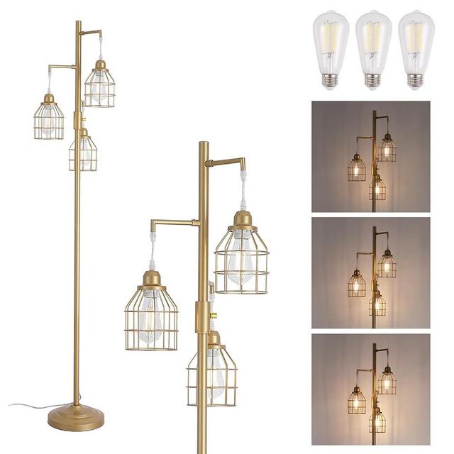 9MMML Golden Dimmable Floor Lamp,Industrial Gold Farmhouse Tall Standing Lamp for Living Room, Bedroom Office,3 Teardrop Cage Lampshade,3 LED Bulbs Inculded.68 Tall