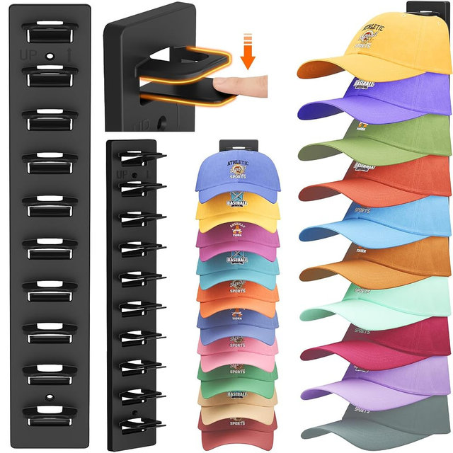 Lifewit Wall-Mounted Hat Organizer, 20 Baseball Caps Storage with Elastic Clamps (Each Holds 10), Hat Display Rack for Door, Retail Store, Nails or Adhesive, Closet Cap Holder, Black, 2-Pack