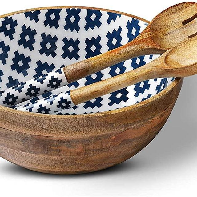 Folkulture Salad Bowl or Wooden Bowls with Serving Tongs, Large Salad Bowls for Fruits, Cereal or Pasta, Large Mixing Bowl Set, 12" Diameter x 5" Height, Mango Wood, Blue