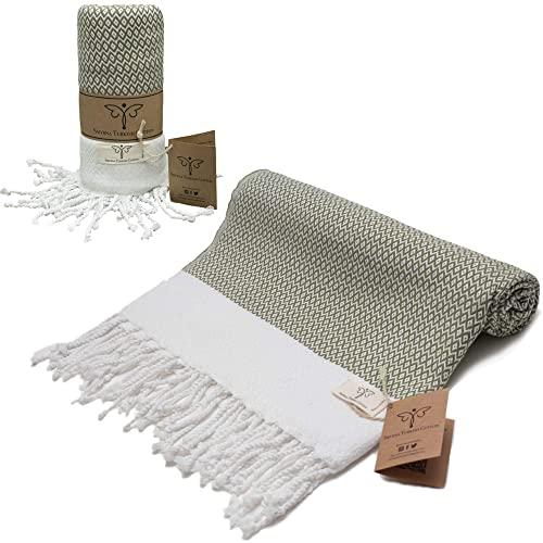 Smyrna Original Turkish Beach Towel Cotton, Prewashed, 37 x 71 Inches | Peshtemal and Turkish Bath Towel for SPA, Beach, Pool, Gym and Bathroom (Army Green)