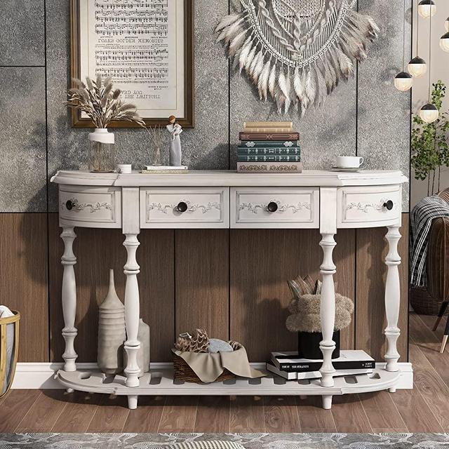 Console Table, Retro Circular Curved Design Entryway Table with 4 Drawers and 1 Shelf, Modern Half Moon Sofa Table for Home/Living Room (Antique Blue-04)