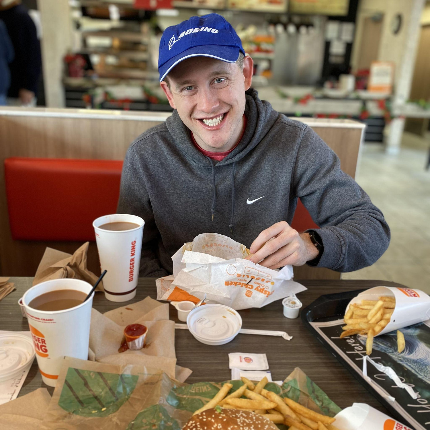 Our one year anniversary! We were on a trip with our friends in Gatlinburg. We snuck away to the closest restaurant, Burger King! Now, it's a yearly tradition!
