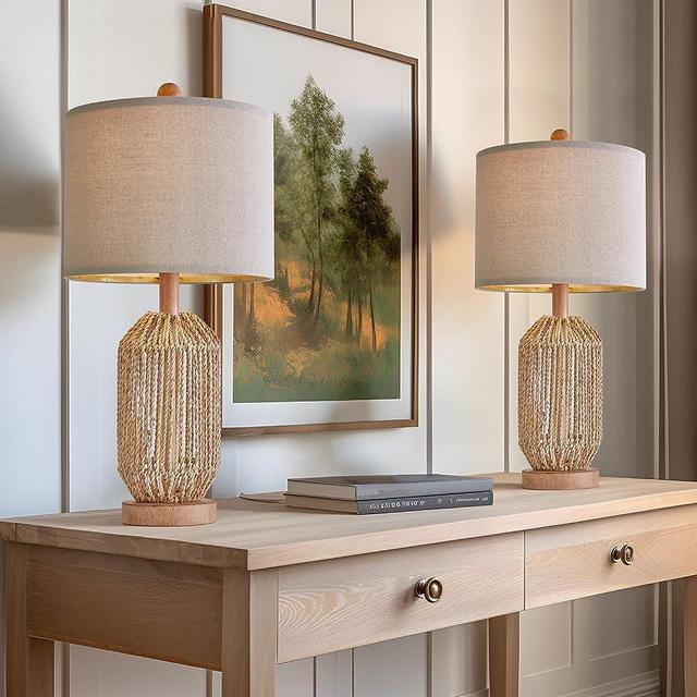 OYEARS 21.5" Farmhouse Boho Rattan Table Lamps Set of 2 Retro Bedside Lamp Natural Brown Twine Nightstand Lamps for Bedroom Living Room Study Office Dorm Decor