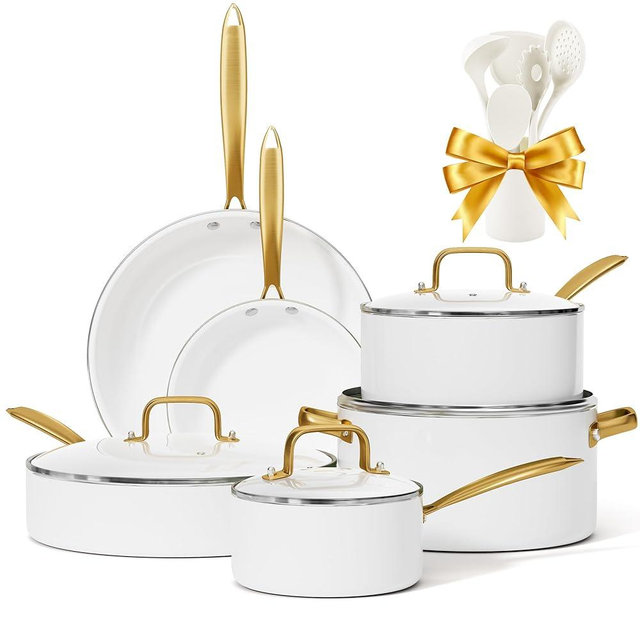 Ceramic Cookware Set, VONIKI 16 Pcs Pots and Pans Set Non Stick, Kitchen Cookware Sets with Cooking Utensils Set, Non Toxic Cookware Set White Gold Pan Set for Cooking Pot Oven & Dishwasher Safe, Gift