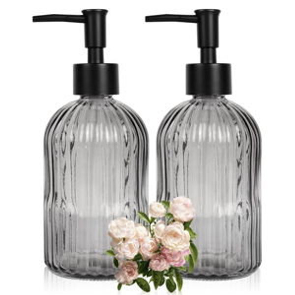 (TRANSPARENT BLACK) 2 Pack 11oz Glass Soap Dispenser with Plastic Pump, Vertical Stripe Design Refillable Hand Soap Dispenser for Hand Wash, Bathroom and Kitchen