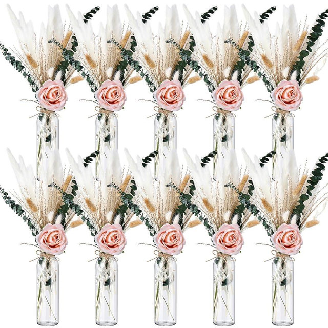 Qinyoung 10 Set Dried Pampas Grass Centerpiece for Wedding 10 Clear Glass Jars 10 Artificial Roses 80 Dried Pampas Grass with Rope for Baby Shower Rustic Bridal Party Farmhouse Decoration(Pink)