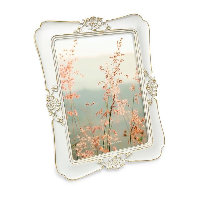 Isaac Jacobs 5x7 Vintage-Inspired Simple Ornate Picture Frame White with Gold Edges, Horizontal & Vertical for Tabletop and Wall Display, Home Décor, Floral, Resin Frame, (5x7, White with Gold)
