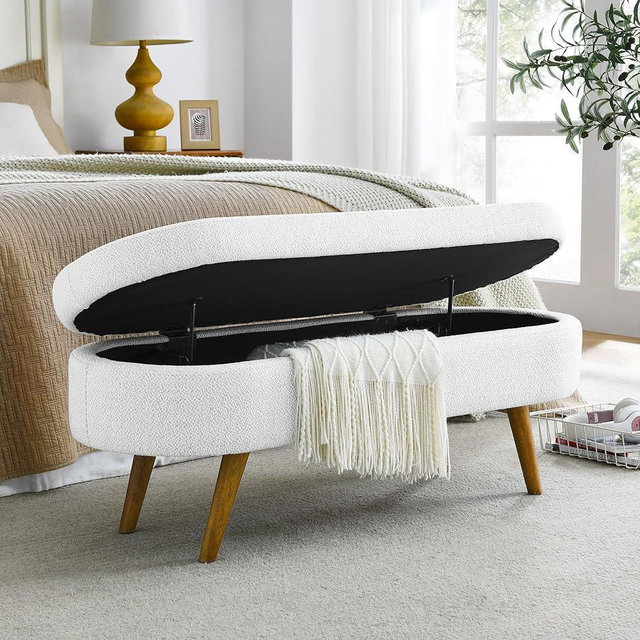 ECLYL Oval Storage Bench 43.5" Linen Fabric Upholstered Entryway Bench with Solid Wood Legs Ottoman Bench Indoor Bench for Living Room/Bedroom/End of Bed/Entryway (White)