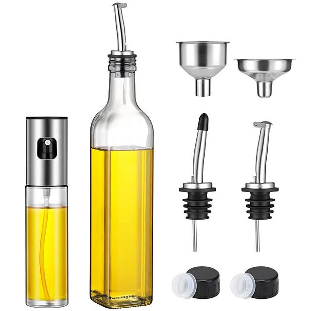 Olive Oil Dispenser 17 OZ and Oil Sprayer Bottle 100 ML for Cooking Set - Oil and Vinegar Cruet Bottle Set for Kitchen - Glass container with Drip-Free Stainless Steel Spout - Oil Mister for Air Fryer, BBQ, Salad, Baking, Roasting