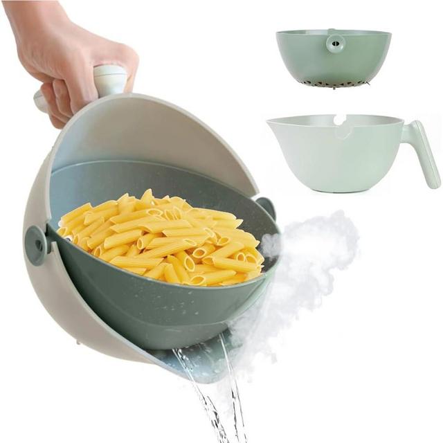 2 in 1 Kitchen Colander Rotating Washing Basket with Handle 2-Qt for Fruits Vegetables Pasta Noodles Washing Basket, BPA Free Plastic, Double-Layer, Detachable (Pleasant Teal)