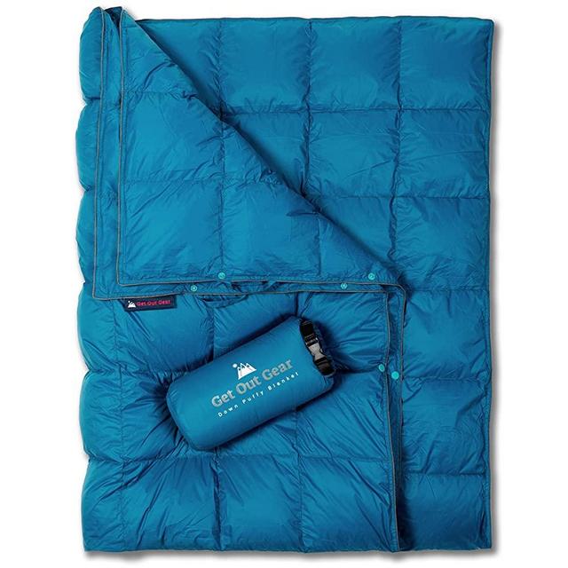 Get Out Gear Down Camping Blanket - Puffy, Packable, Lightweight and Warm | Ideal for Outdoors, Travel, Stadium, Festivals, Beach, Hammock | 650 Fill Power Water-Resistant Backpacking Quilt