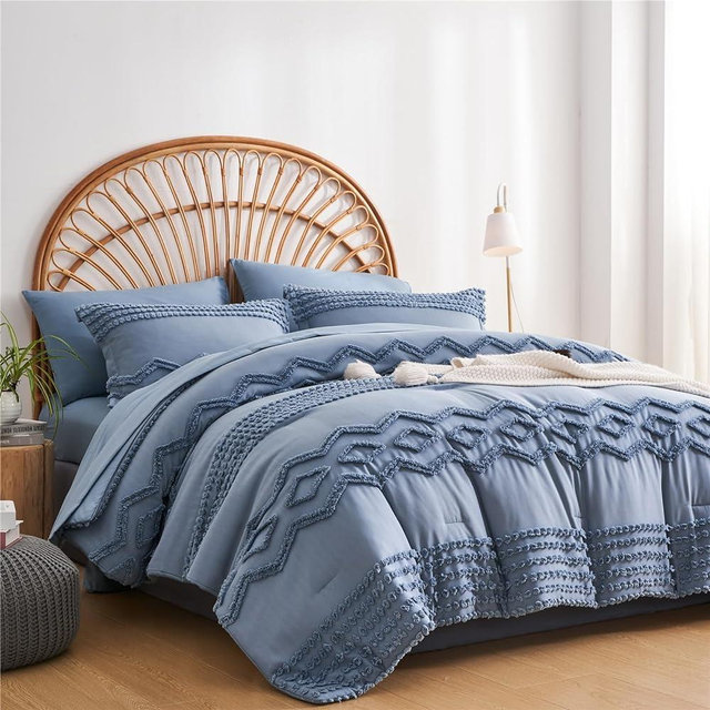 KAKIJUMN Blue Tufted Comforter Set King Size 7 Piece Bed in a Bag, Shabby Chic Boho Comforter and Sheet Set, Pom Pom Textured Bed Set, All Season Soft Microfiber Complete Bedding Set(Blue,King)