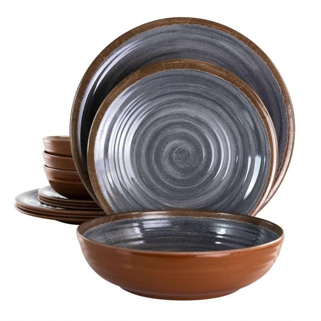 12pc Melamine Stone Oak Dinnerware Set Black - Elama