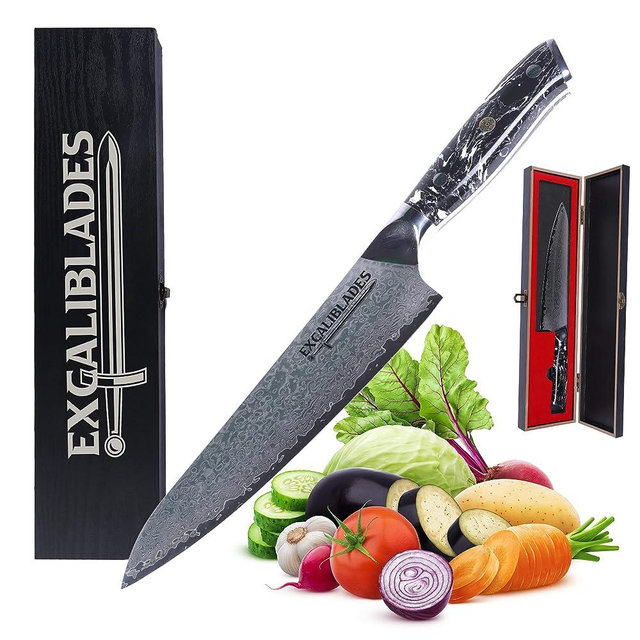 EXCALIBLADES Custom Chef Knife - Texas Family Business- Razor Sharp Kitchen Knife - 8 inch Blade - Damascus - G10 Black Stone Handle - Professional Chef's Knife - Black Storage Gift Box