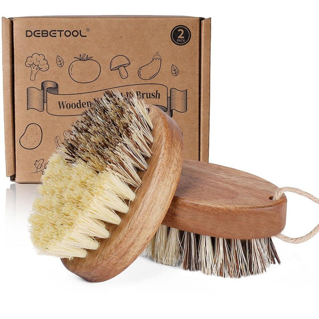 Wooden Vegetable Brush Scrubber for Food - Dual Bristle (Sisal & Palm Fiber) with Hanging Rope | Natural Compostable Kitchen Vegetable Brush for Potatoes, Carrots, Fruits