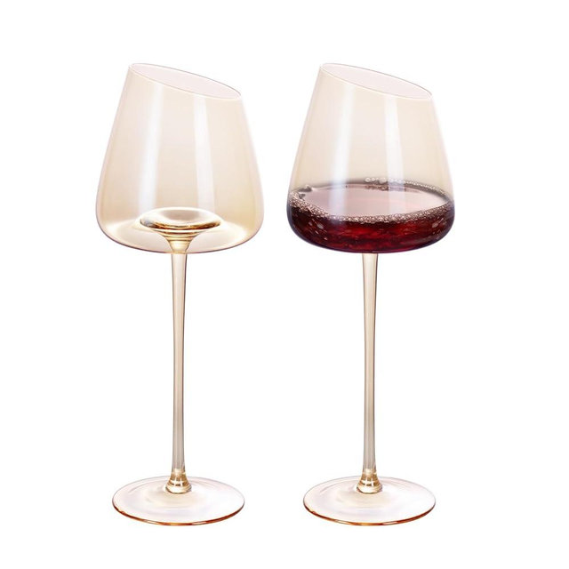 KAMMAK Wine Glasses Set of 2, 16.06 oz Hand Blown Crystal Bordeaux Wine Glasses, Thin Rim & Long Stem, Perfect for Red & White, Daily Use, Wedding or Birthday Gift with Gift Box, XH-H280 Amber