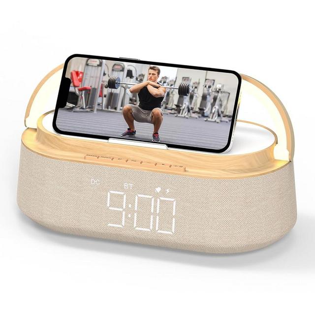 FREEFISH Bluetooth Speaker with Wireless Charger, FM Radio, Adjustable LED Night Light, Dual Wireless Speakers, Suitable for Home Decoration, Bedroom, Office, Gift（Wooden）