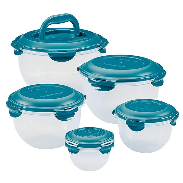 Rachael Ray Leak-Proof Nestable Container Food Storage Bin Set, 10 Piece, Teal Lids
