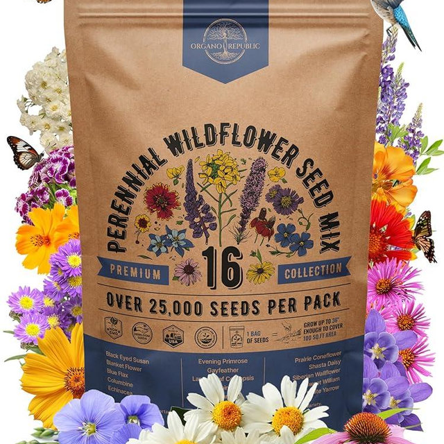 Organo Republic 16 Perennial Wildflower Seeds Mix for Indoor & Outdoors 25,000+ Non-GMO, Heirloom Wildflower Garden Seeds, 1oz Packet for Growing Wild Flowers to Attract Bees, Butterflies & Birds