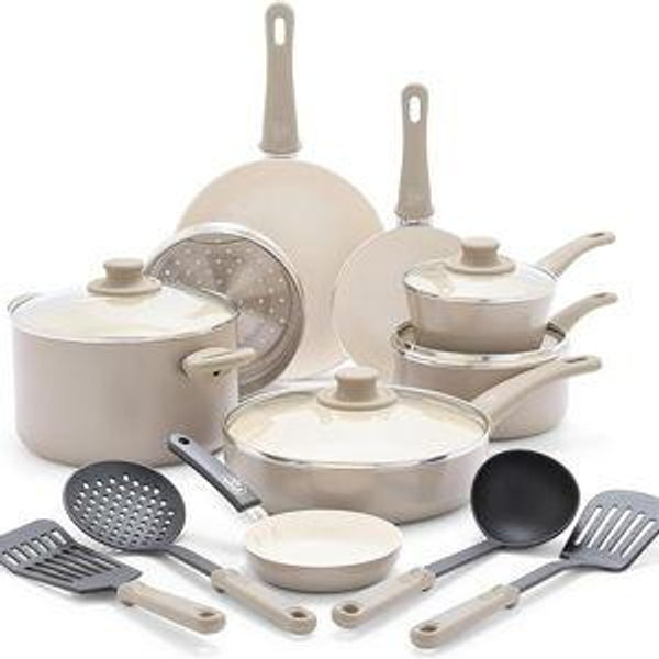 GreenLife 16 Piece Nonstick Cookware Set, Soft Grip Non-Toxic PFAS-Free Ceramic Pots & Pans, Dishwasher & Oven Safe, Frying, Sauce, Saute, Utensils, Glass Lids, Stay-Cool Handles, Wobble Free, Taupe