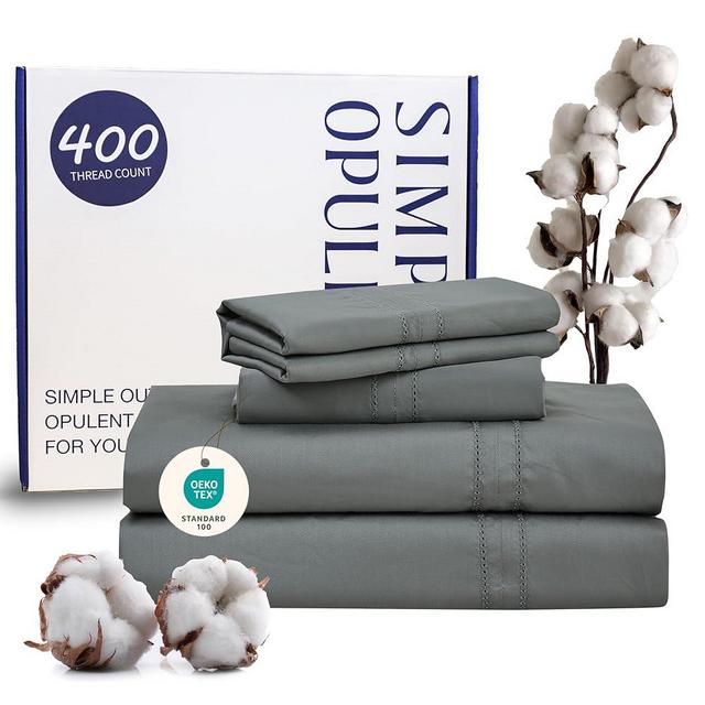 Simple&Opulence 100% Egyptian Cotton 400 Thread Count King Sheets-4 Pc Long Staple Pure Soft Sateen Weave Set-16” Deep Pocket Cooling Luxurious Bed Sheet with Double Hemstitch(Grey,King)
