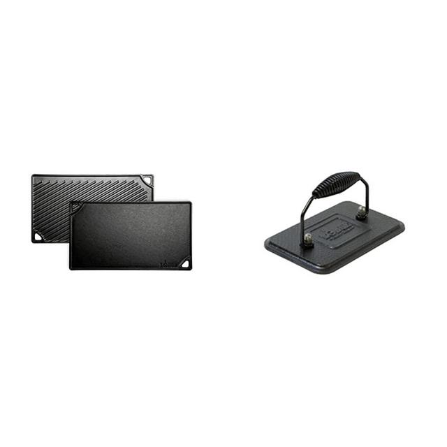 Lodge LDP3 Reversible Grill/Griddle, 9.5-inch x 16.75-inch & LGP3 Rectangular Cast Iron Grill Press, Pre-Seasoned, 6.75-inch x 4.5-inch