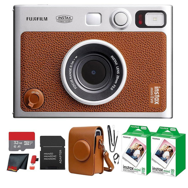 Fujifilm Instax Mini EVO Hybrid Instant Camera (Brown) Bundle with Instax-Mini Twin Pack Instant-Film 40 Sheets + 32GB Memory Card + Vintage Brown Mini-Evo Camera Case + Cleaning Cloth