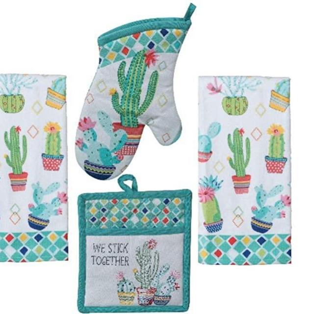 Kitchen Linen Set - Cactus Garden Design 4 Piece Bundle Includes 2 Terry Towels, 1 Oven Mitt, and 1 Potholder