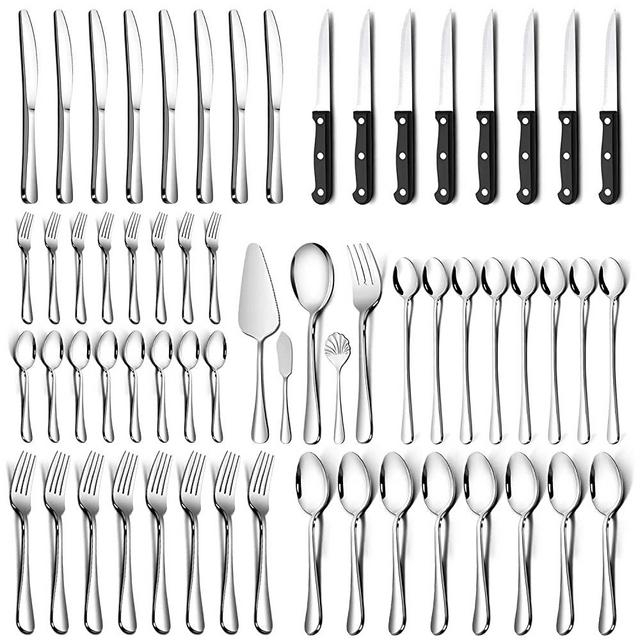 61-Piece Silverware Set with Serving Utensils and Steak Knife by Teivio, Flatware Set Mirror Polished, Dishwasher Safe Service for 8, Include Knife/Fork/Spoon…