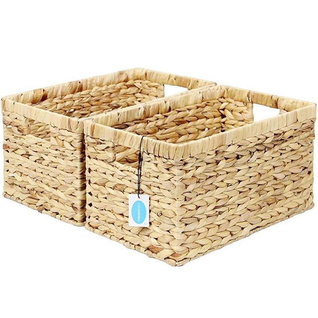 Casaphoria Large Square Hyacinth Baskets for Storage Natural Hand Woven Water Hyacinth Durable Snacks Basket Rectangular Fruits Baskets with Built-in Handles Beautiful Decorative Basket，2-Pack