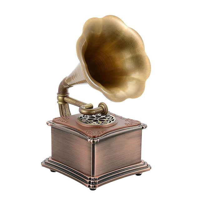 Mini Bronze Vintage Retro Classic Style Gramophone Shape Speaker Music Box 3.5mm Audio Aux-in/Micro SD/USB Flash Drive Bluetooth 4.2