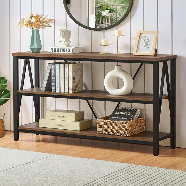 HOMISSUE Entryway Console Table, Rustic Couch with Wide Storage, Industrial Sofa Tables with 3-Tier Open Shelves, Entryway Table for Living Room, Hallway, Brown, 55 Inch