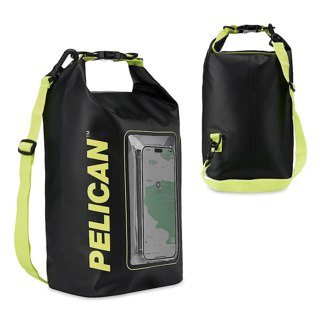 Pelican Marine IP68 Waterproof Dry Bag 5L - Roll Top Waterproof Backpack w/Phone Case/Pouch - Boating & Kayak Accessories - Essentials for Camping Swimming Beach Fishing Rafting Travel - Black/Yellow