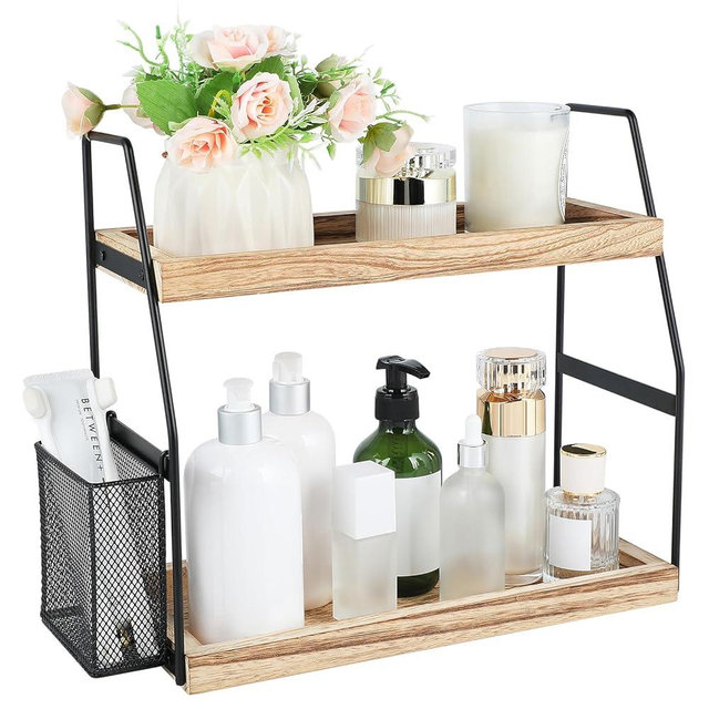Bathroom Counter Organizer, 2-Tier Standing Storage Shelf with Basket, Wood Tray for Skincare Vanity Organizer