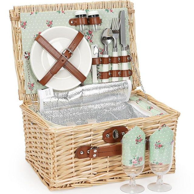 ZORMY Wicker Picnic Basket for 2 Person, Willow Hamper Basket Sets with Insulated Compartment, Handmade 2 Person Picnic Basket for Camping - Flower