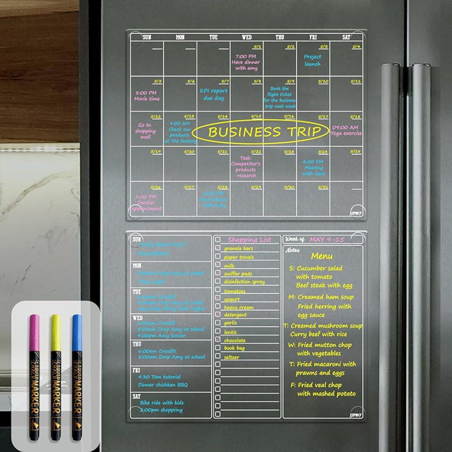 JJPRO Non-Magnetic Dry Erase Calendar for Fridge, Monthly Calendar, Weekly Planning Board Bundle for All Smooth Surfaces. Clear Reusable Calendar Stick to Fridge,Cabinet,Door&Glass